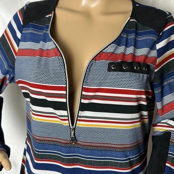 LE GRENIER striped blouse,front 3/4 zip,faux laced pocket, velvet  patches. - Picture 9 of 12